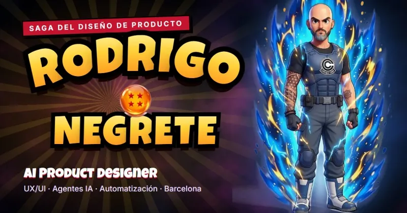 Portfolio gamificado estilo Dragon Ball Z de Rodrigo Negrete: personaje con aura Super Saiyan azul, logo Capsule Corp, rótulo Saga del diseño de producto