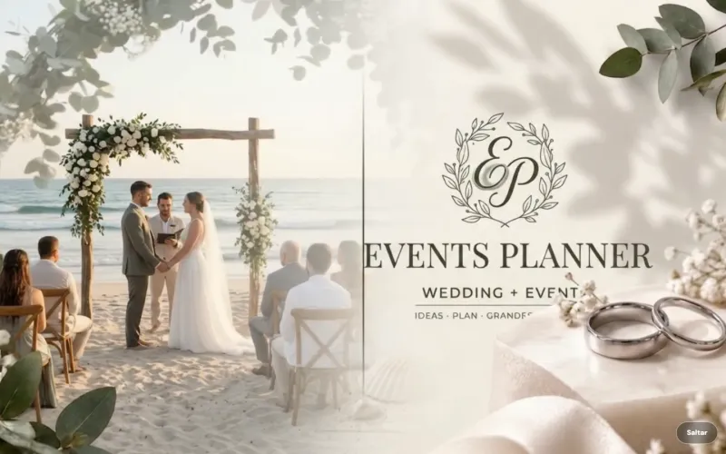 Events Planner — Portal web para wedding planners: pantalla de acceso con boda real en la playa, monograma EP y logotipo Events Planner · Wedding + Events