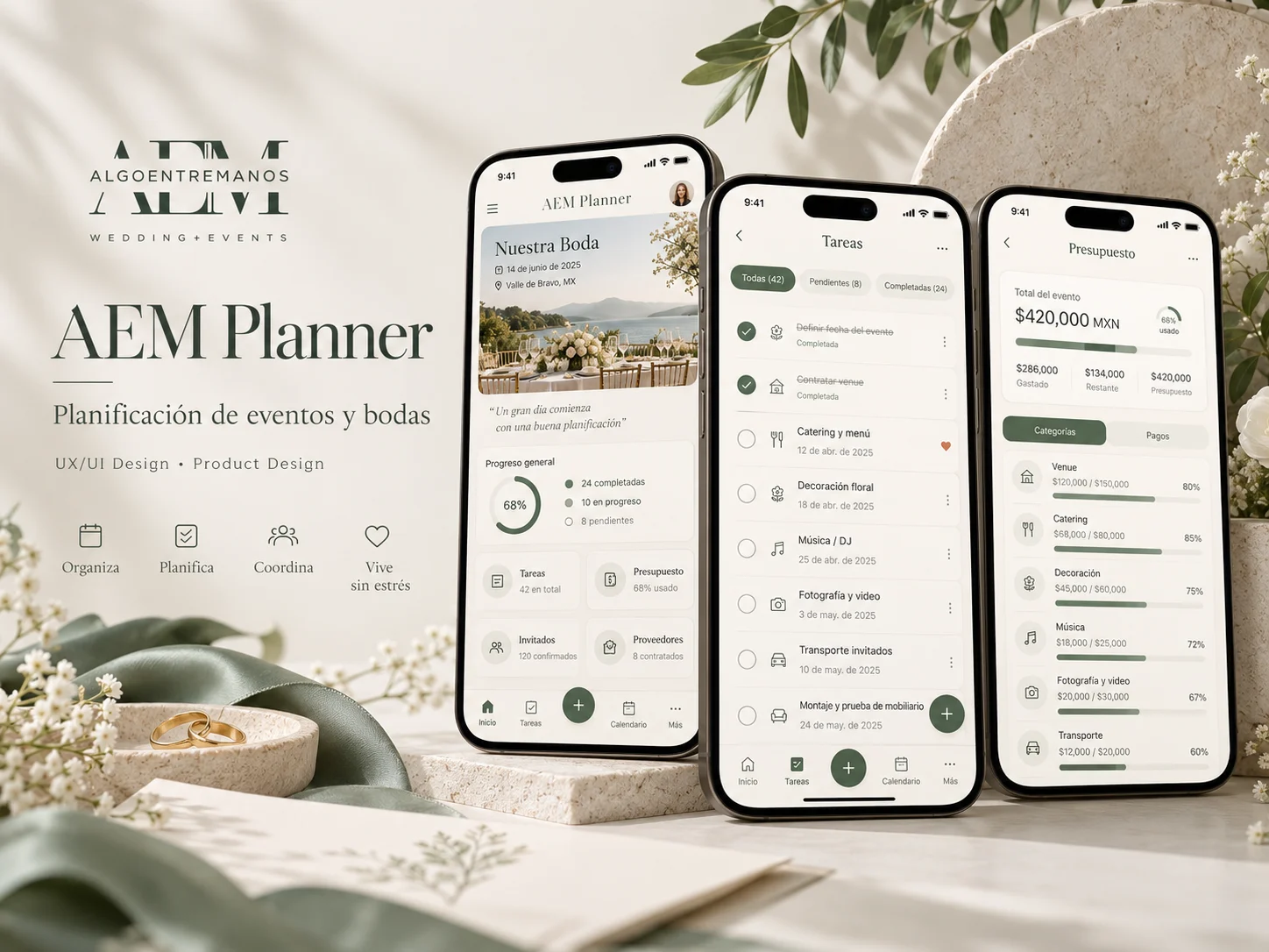 AEM Planner — Portal web para wedding planner Algo Entre Manos: logotipo AEM, tres pantallas móviles mostrando nuestra boda, tareas y presupuesto sobre composición editorial con flores y anillos
