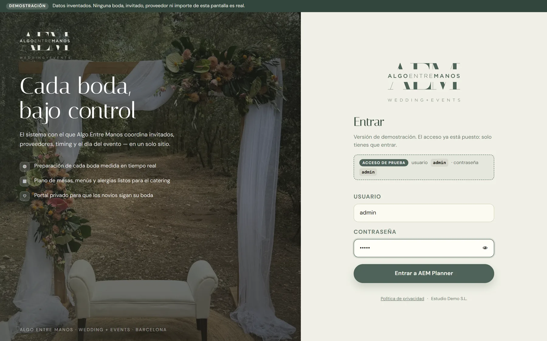 Login de AEM Planner con imagen de boda, lema Cada boda bajo control, y acceso de prueba admin / admin