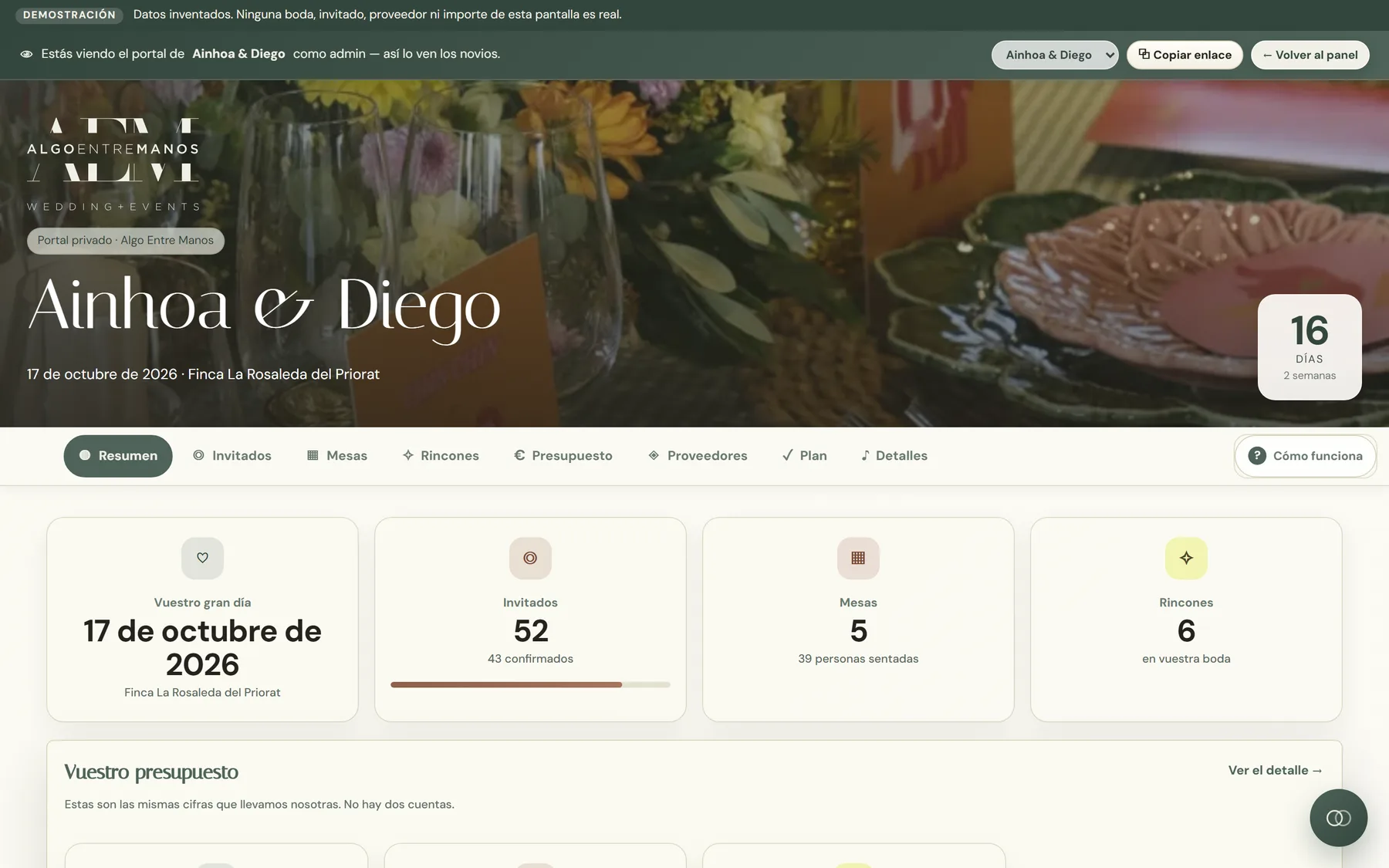 Portal privado de la pareja Ainhoa y Diego: portada con foto de la boda, 16 días hasta el enlace, siete apartados y resumen del gran día
