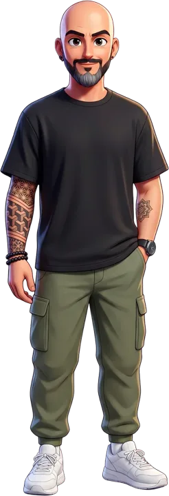 Rodrigo en forma base: camiseta negra y pantalón de carga verde