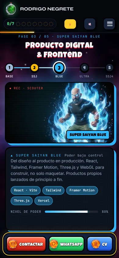 Poderes en móvil: selector de cinco fases, vídeo de la forma Ultra Instinto, texto de la etapa, herramientas y nivel de poder, con el dock Contactar, WhatsApp y CV abajo