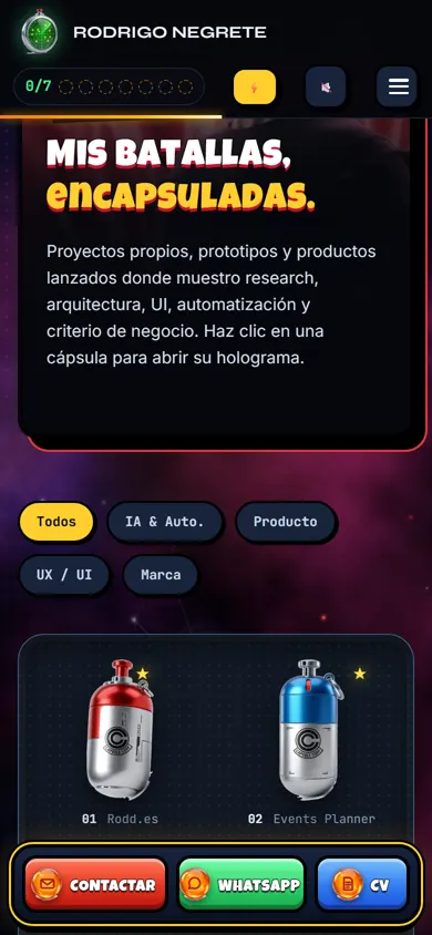 Sagas en móvil: cabecera, filtros y cápsulas de proyectos en una columna
