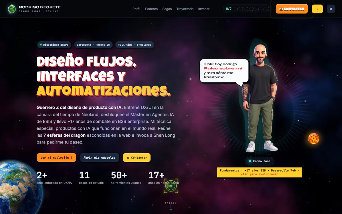 Portada en escritorio: titular Diseño flujos, interfaces y automatizaciones sobre un cielo espacial, el personaje con la pregunta Pulsa sobre mí y el contador de esferas 0 de 7