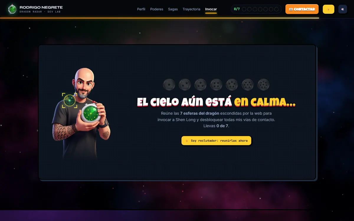 Sección Invocar bloqueada: siete esferas apagadas, el texto El cielo aún está en calma y el botón Soy reclutador: reunirlas ahora
