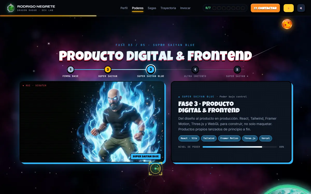 Sección Poderes en la fase 3, Super Saiyan Blue: Producto digital y Frontend, herramientas React, Tailwind, Framer Motion, Three.js y Vercel, y nivel de poder del 80 por ciento