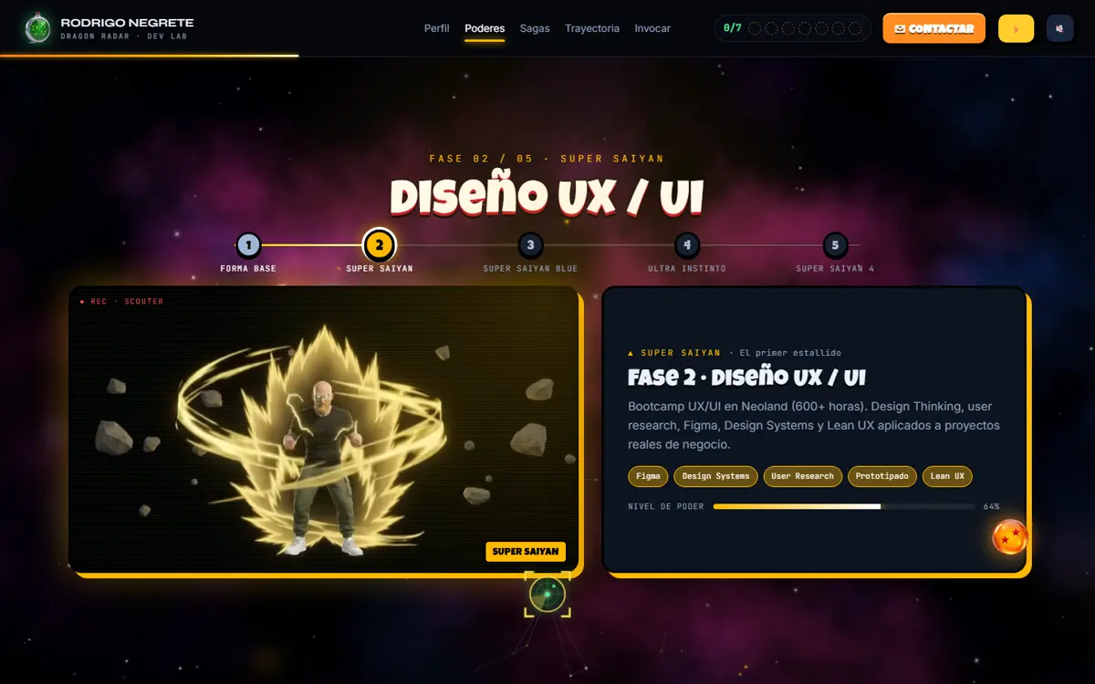 Sección Poderes en la fase 2, Super Saiyan: título Diseño UX/UI, línea de cinco fases y escena con aura dorada