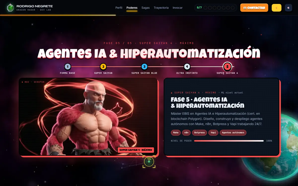 Sección Poderes en la última fase, Super Saiyan 4, con el nivel de poder al máximo
