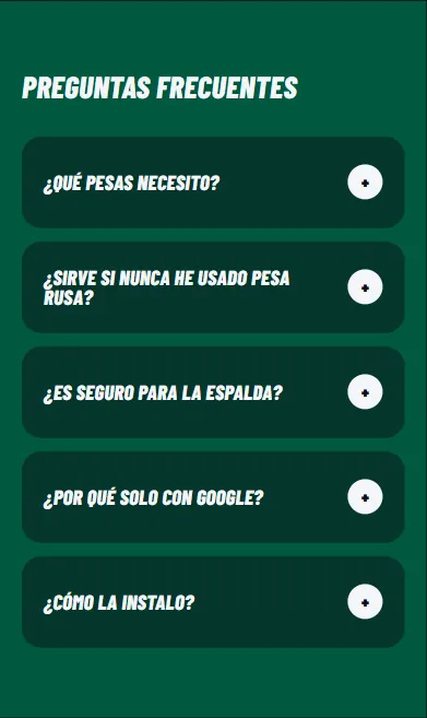 Preguntas frecuentes en móvil: cinco acordeones sobre pesas, principiantes, espalda, acceso con Google e instalación