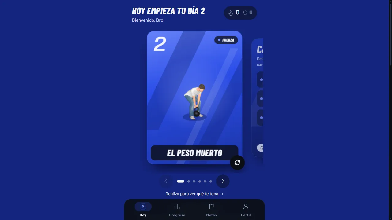 Pantalla Hoy en escritorio: tarjeta azul del día 2 junto a la siguiente carta del carrusel