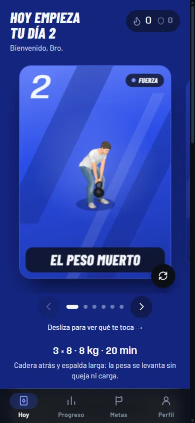 Pantalla Hoy en móvil: tarjeta azul del día 2, enfoque Fuerza, ejercicio El peso muerto y barra inferior de cuatro destinos