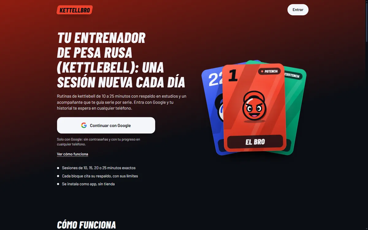 Portada en escritorio: titular condensado cursivo sobre degradado rojo a grafito y botón Continuar con Google