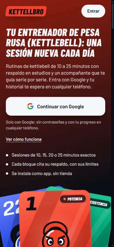 Portada pública en móvil: titular, botón Continuar con Google y abanico de tarjetas de entrenamiento