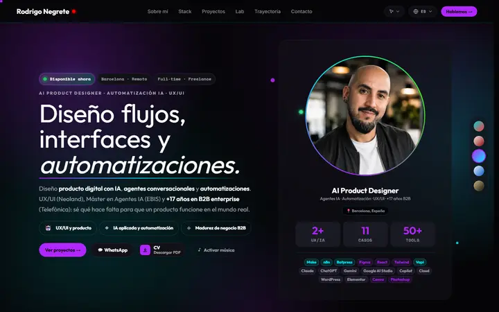 Portada en el tema Abstract Cyber, fondo oscuro con neón violeta y cian