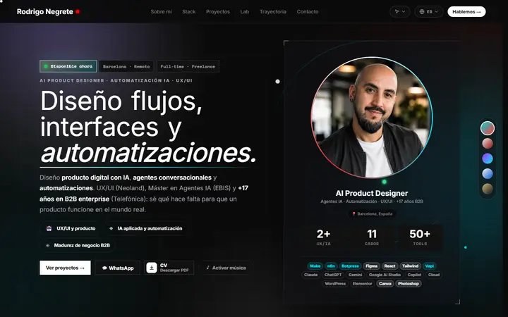 Portada en el tema Dual Core AI, oscuro con acentos teal y rojo