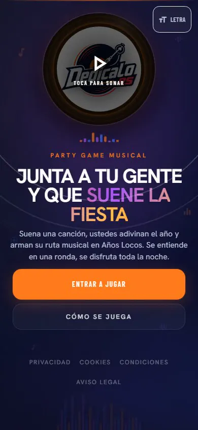 Dedícalo Play, party game musical: pantalla de inicio con disco de vinilo, titular Junta a tu gente y que suene la fiesta, y la pantalla Cómo se juega