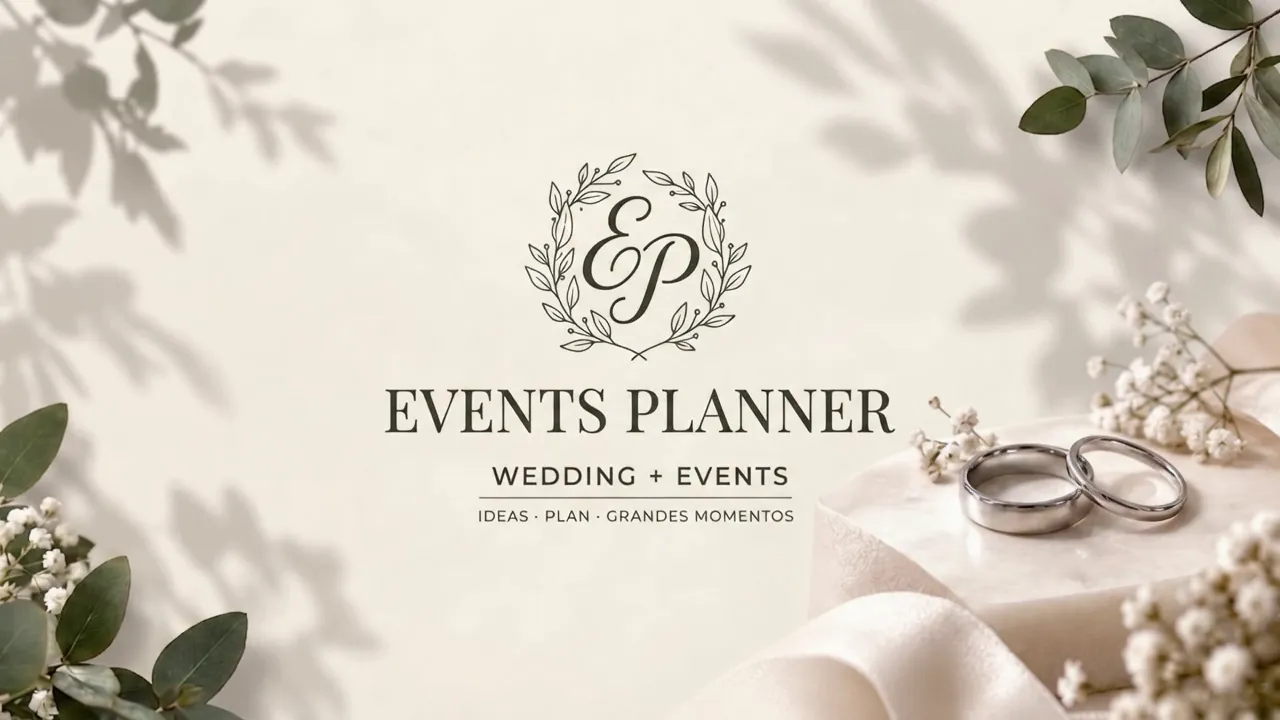 Events Planner — Portal web para wedding planners: pantalla de acceso con boda real en la playa, monograma EP y logotipo Events Planner · Wedding + Events
