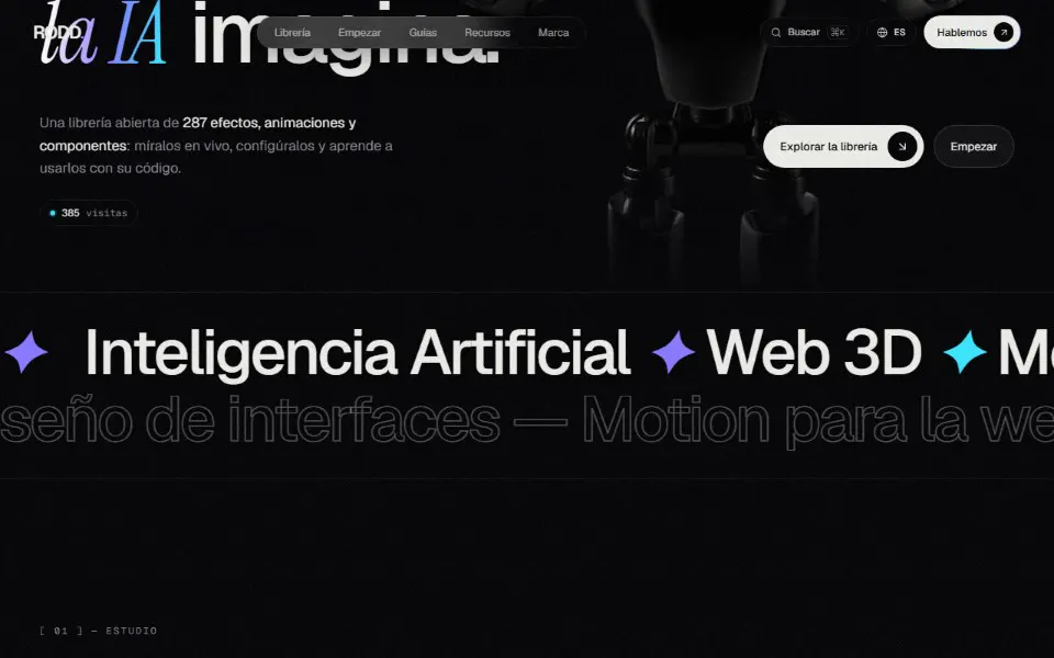 Rodd.es — Biblioteca open source multilingüe de 287 recursos web: hero editorial con composición visual de la marca RODD
