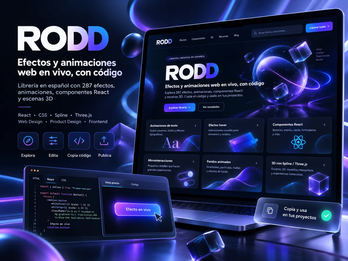 Rodd.es — Biblioteca open source multilingüe de 287 recursos web: hero editorial con composición visual de la marca RODD